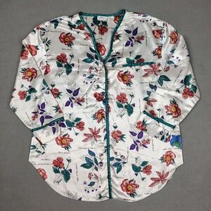 Vintage Kathryn Satin Pajama Top Women Medium Floral Print Button Up Long Sleeve
